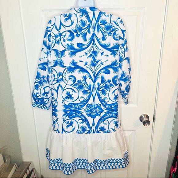 LINA TOMEI Italy Long Sleeve Cotton Baroque Drop Waist Dress Blue Floral M NWT - Picture 9 of 13